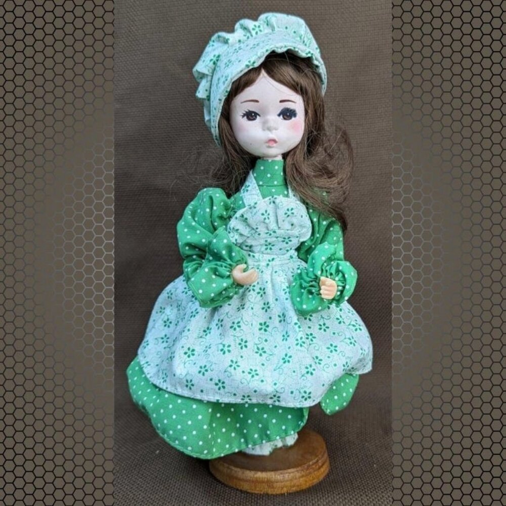 Vintage Miss March 8 1/2" Bradley Doll Made In Korea Green & White Dress
